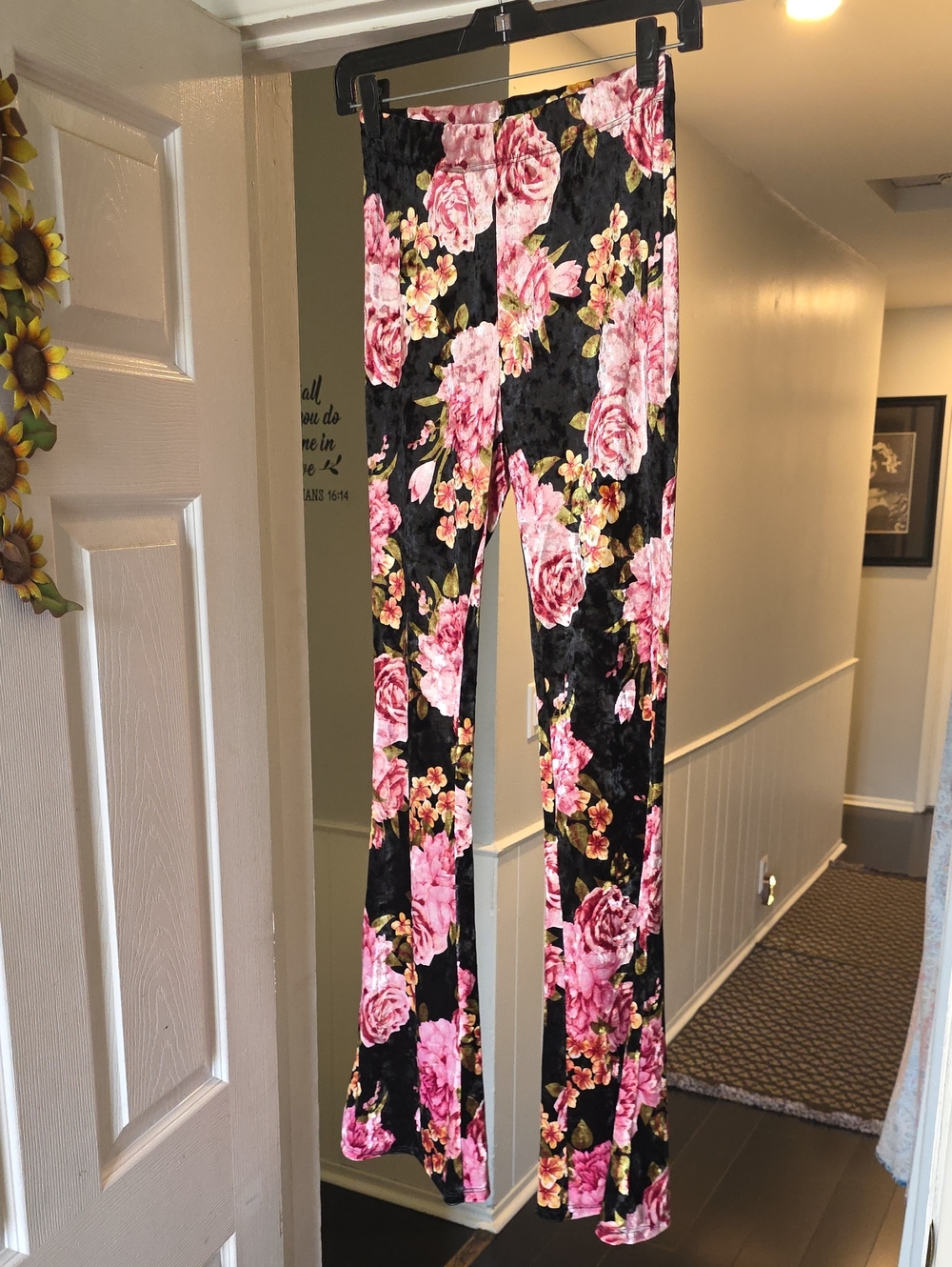 Honey Belle Black Velvet Boot Cut Pants with Pink Floral Print